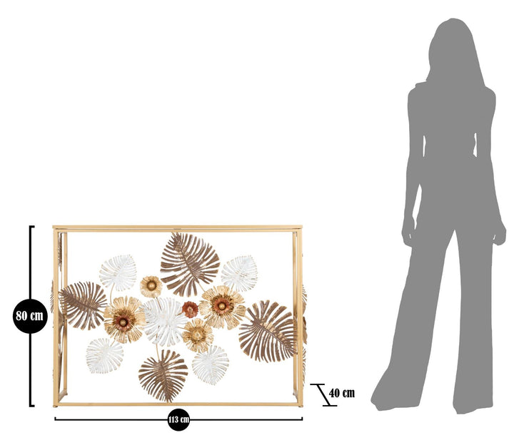 Goldener Konsolentisch aus Metall und Glas mit Blumen- und Blattmuster