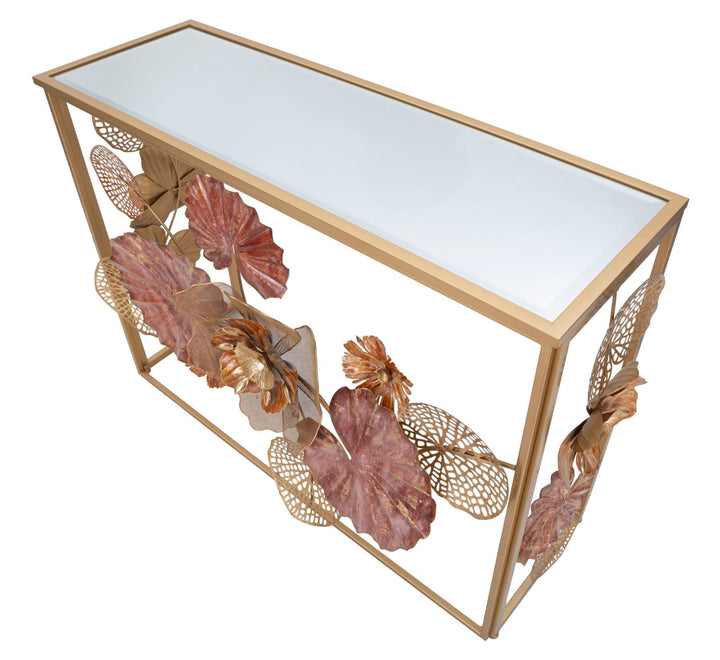 Konsolentisch aus Metall und Glas mit goldenem und rotem Blatt- und Blumenmuster