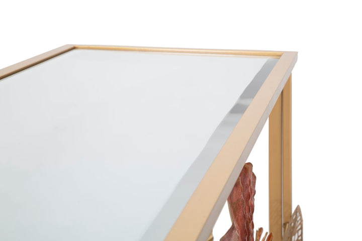 Konsolentisch aus Metall und Glas mit goldenem und rotem Blatt- und Blumenmuster