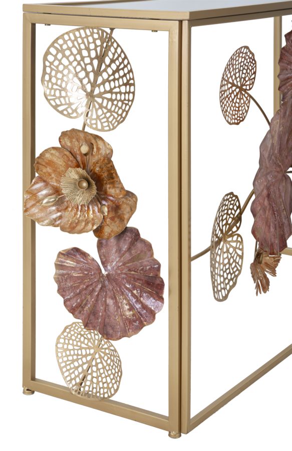 Konsolentisch aus Metall und Glas mit goldenem und rotem Blatt- und Blumenmuster