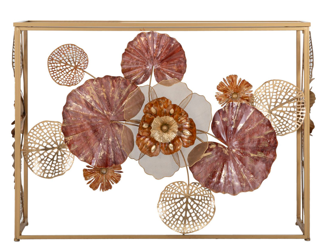 Konsolentisch aus Metall und Glas mit goldenem und rotem Blatt- und Blumenmuster