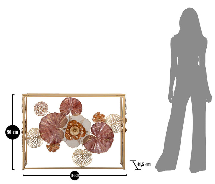 Konsolentisch aus Metall und Glas mit goldenem und rotem Blatt- und Blumenmuster