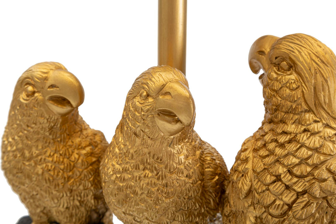 Gold-schwarze Metall-Tischlampe mit Papageien