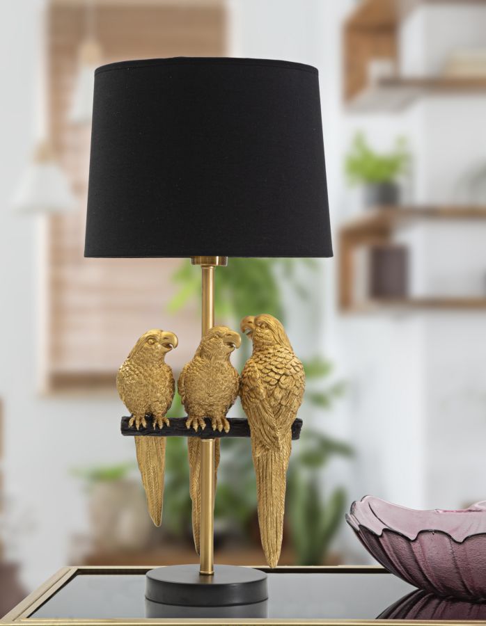 Gold-schwarze Metall-Tischlampe mit Papageien