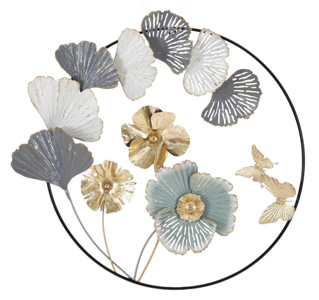 Metall Blume und Blatt-Muster Wanddekoration in rundem Rahmen