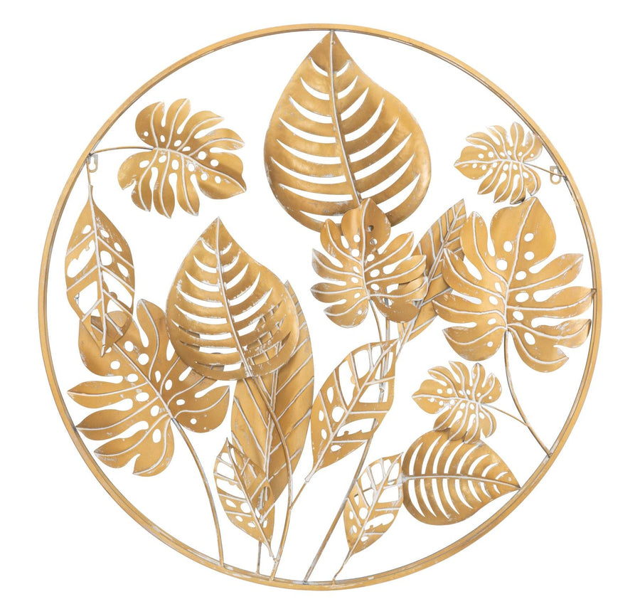 Gold Farbe Tropical Leaf Pattern Wanddekoration in rundem Rahmen