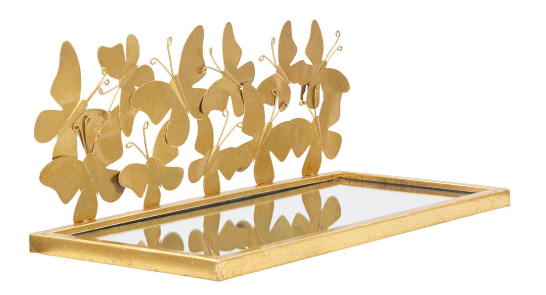 Goldenes Wandregal aus Metall und Glas mit Schmetterlingen
