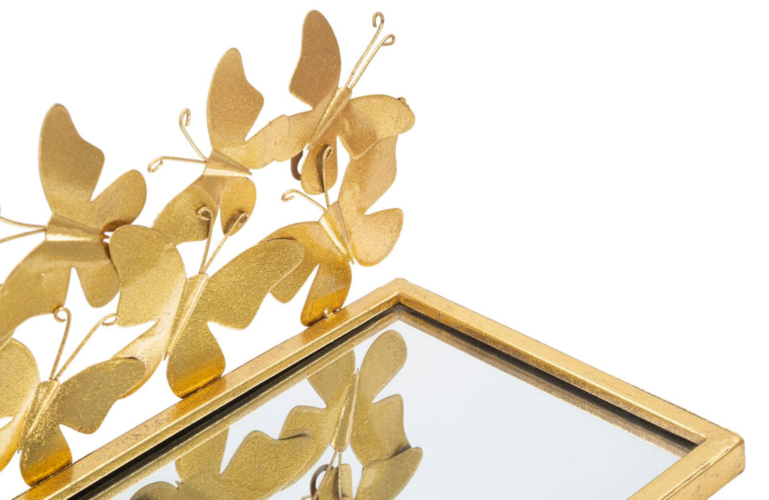 Goldenes Wandregal aus Metall und Glas mit Schmetterlingen