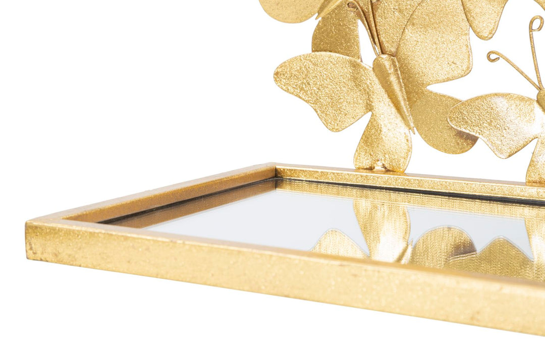 Goldenes Wandregal aus Metall und Glas mit Schmetterlingen