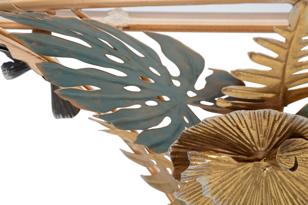 Goldenes Wandregal aus Metall und Glas mit Blumen- und Blattmustern