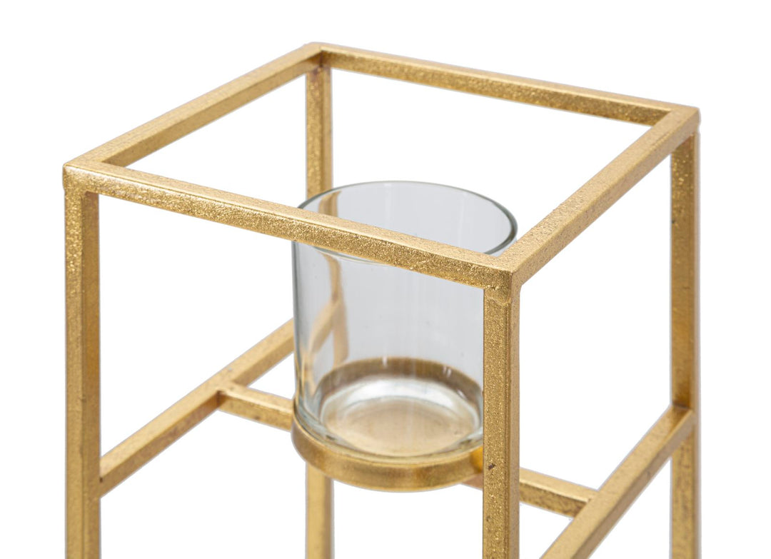 Kerzenhalter aus Metall und Glas in Quadratform, Gold