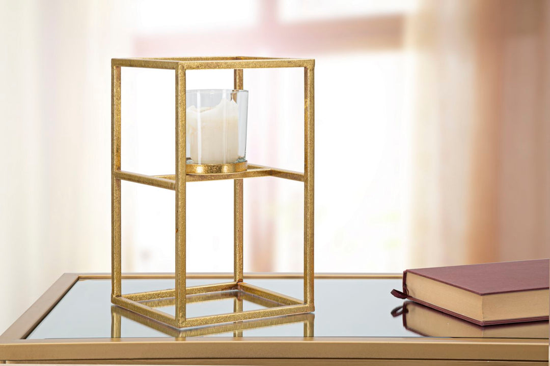 Kerzenhalter aus Metall und Glas in Quadratform, Gold