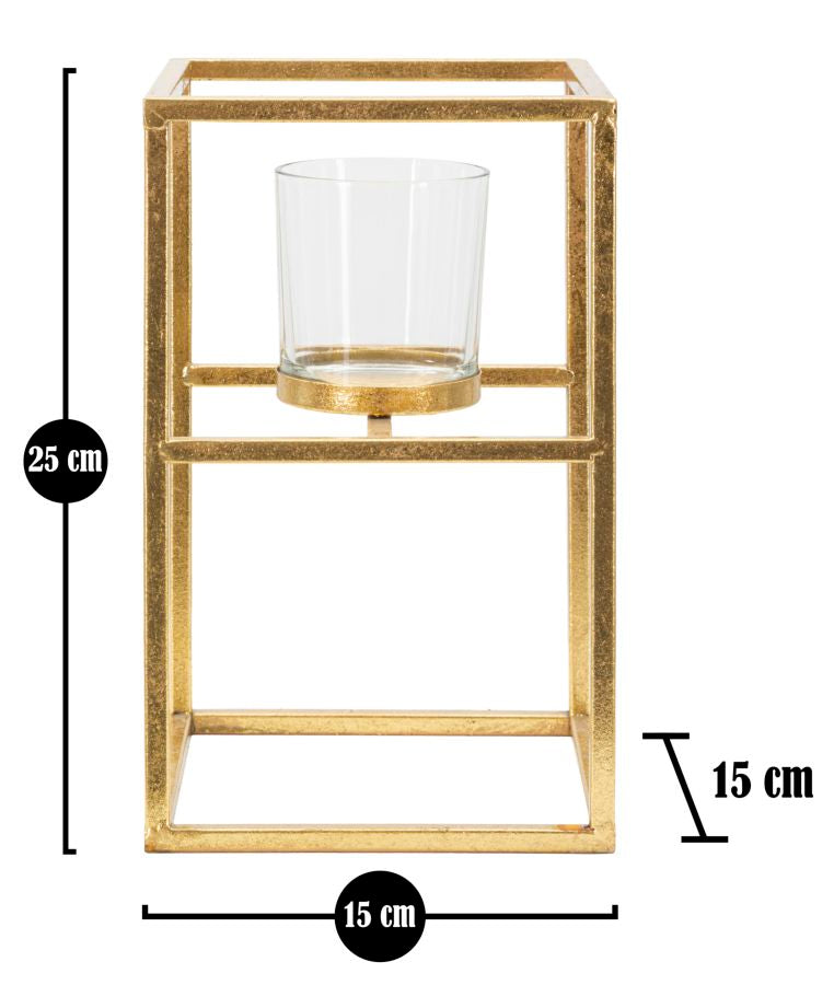 Kerzenhalter aus Metall und Glas in Quadratform, Gold