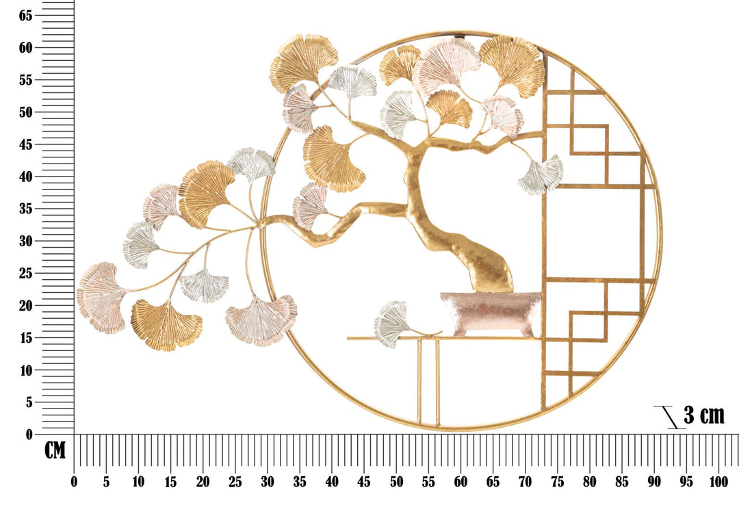 Goldene japanische Kirschblüten Wanddekoration aus Holz in rundem Rahmen