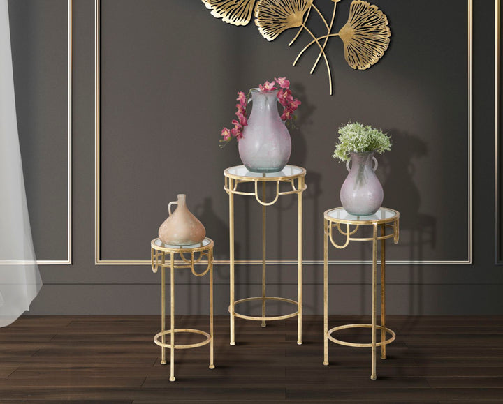 Gold Metall und Glas Kleiner Runder Tisch 3er Set