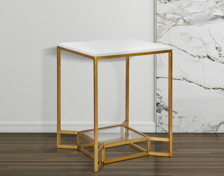 Kleiner quadratischer Couchtisch aus goldfarbenem Metall mit Marmorplatte