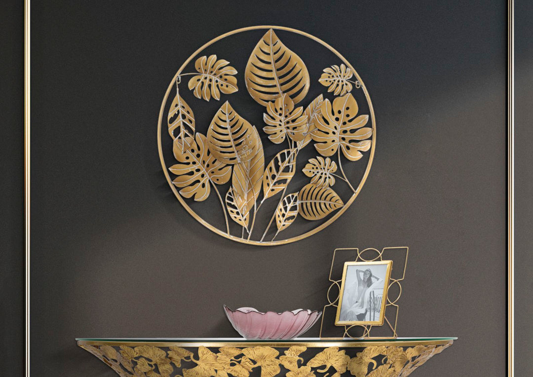 Gold Farbe Tropical Leaf Pattern Wanddekoration in rundem Rahmen