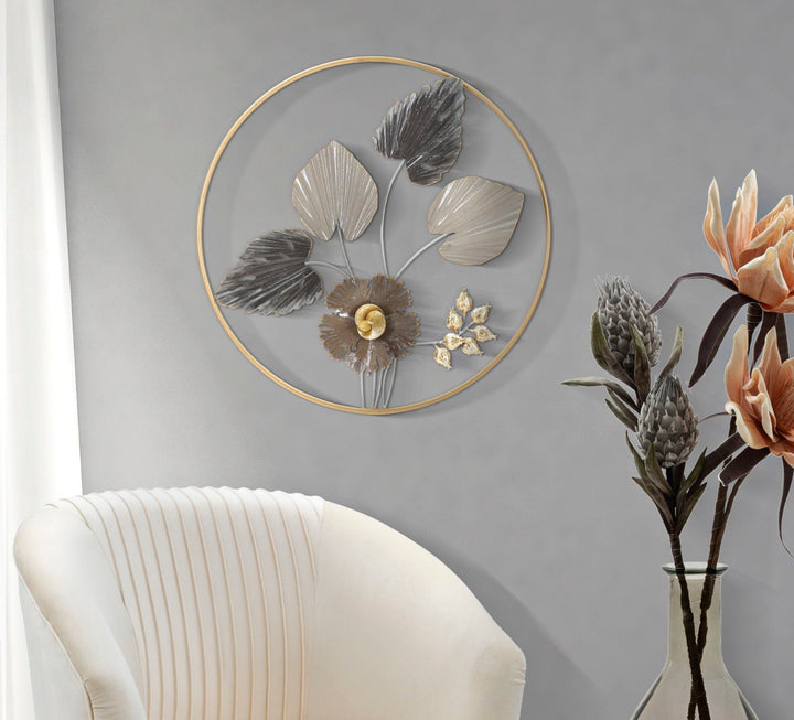 Metall Blume und Blatt-Muster Wanddekoration in rundem Rahmen