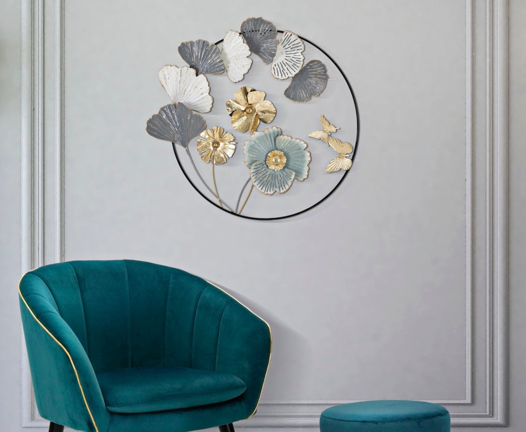 Metall Blume und Blatt-Muster Wanddekoration in rundem Rahmen