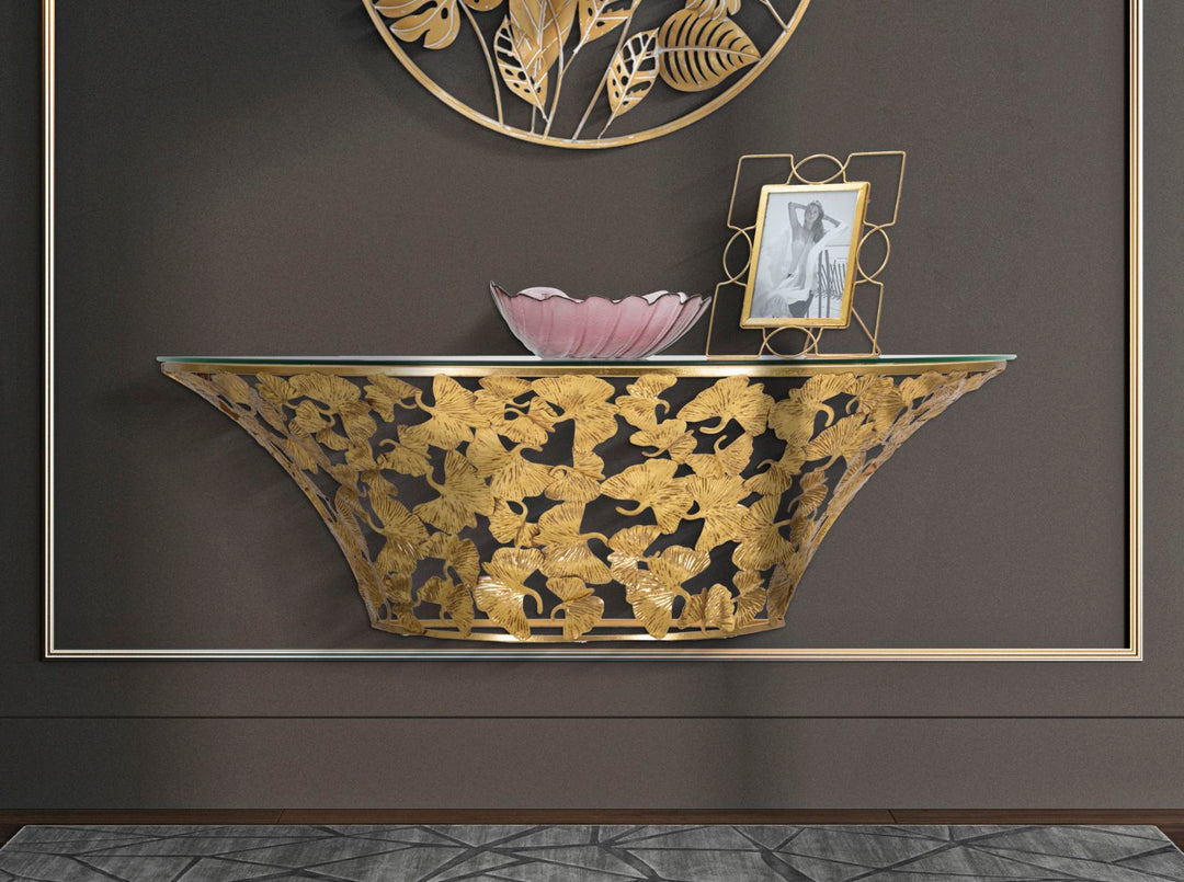 Gold Metall und Glas Blattmuster Wandregal