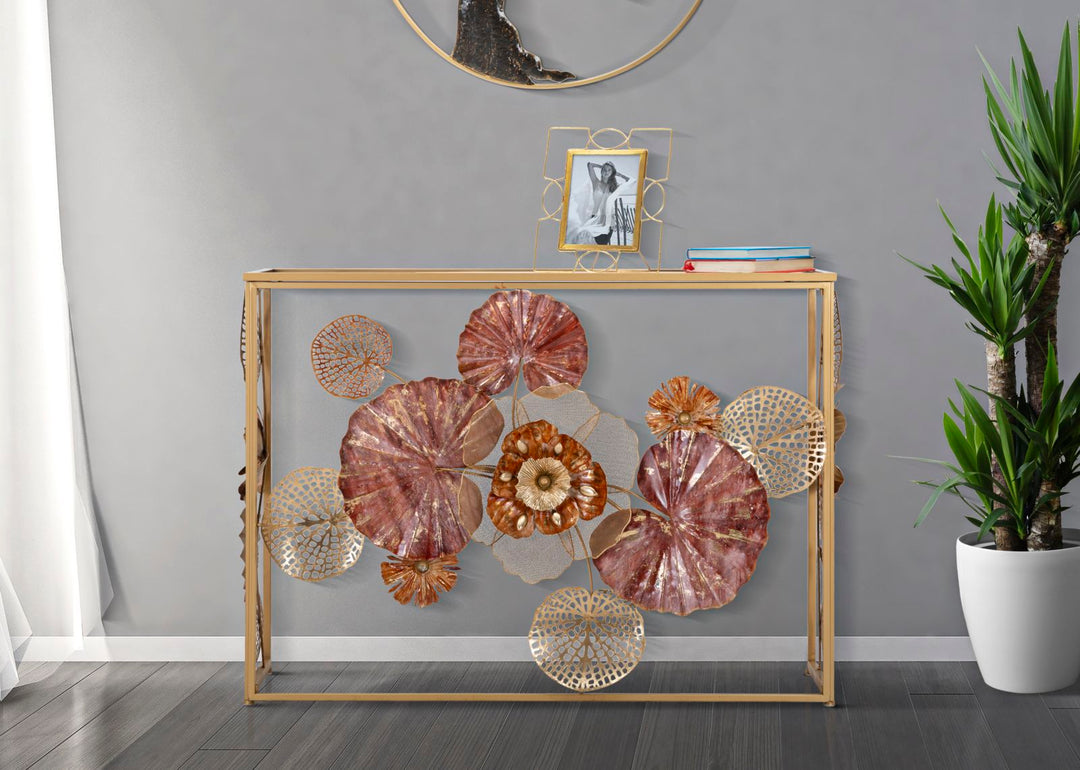 Konsolentisch aus Metall und Glas mit goldenem und rotem Blatt- und Blumenmuster