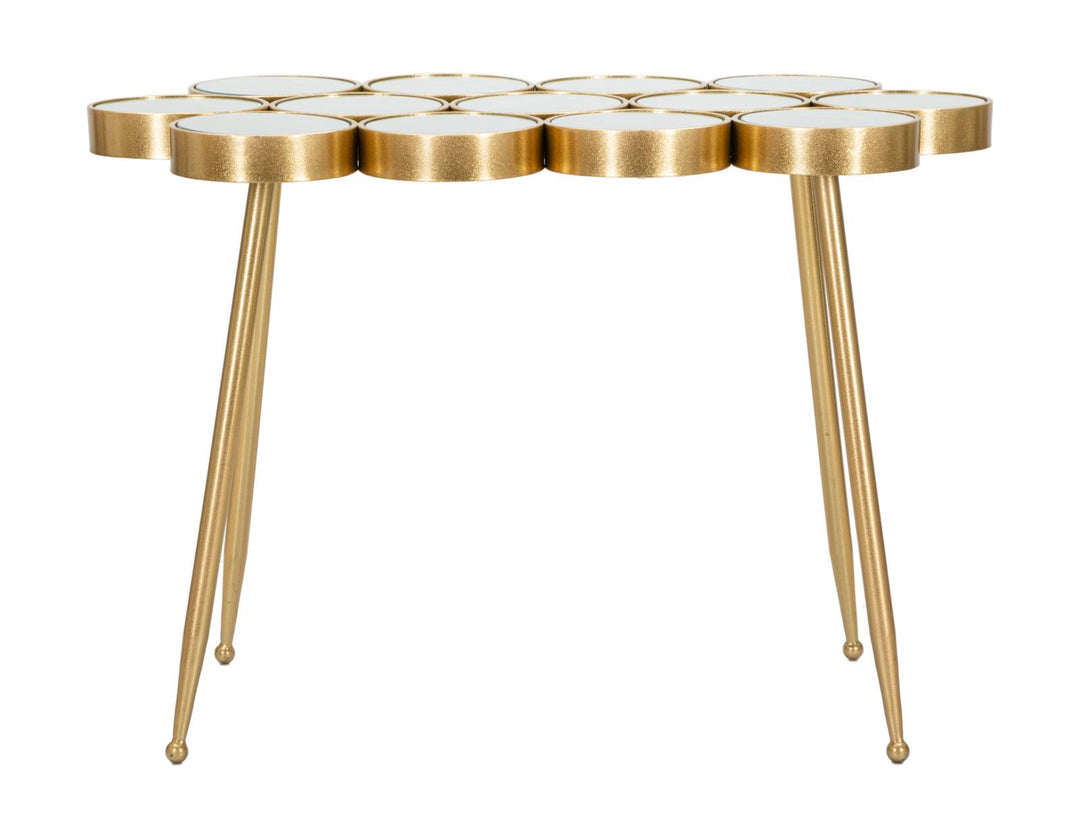 Kleiner runder geometrischer Tisch aus Goldmetall und Glas
