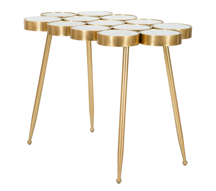 Kleiner runder geometrischer Tisch aus Goldmetall und Glas