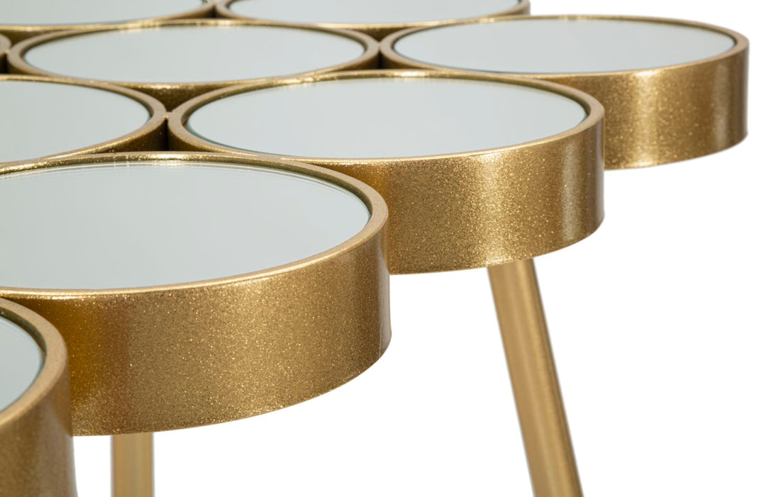 Kleiner runder geometrischer Tisch aus Goldmetall und Glas