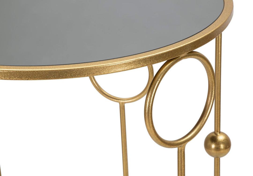 Kleiner runder Tisch aus Goldmetall und Glas mit geometrischer Dekoration Paar