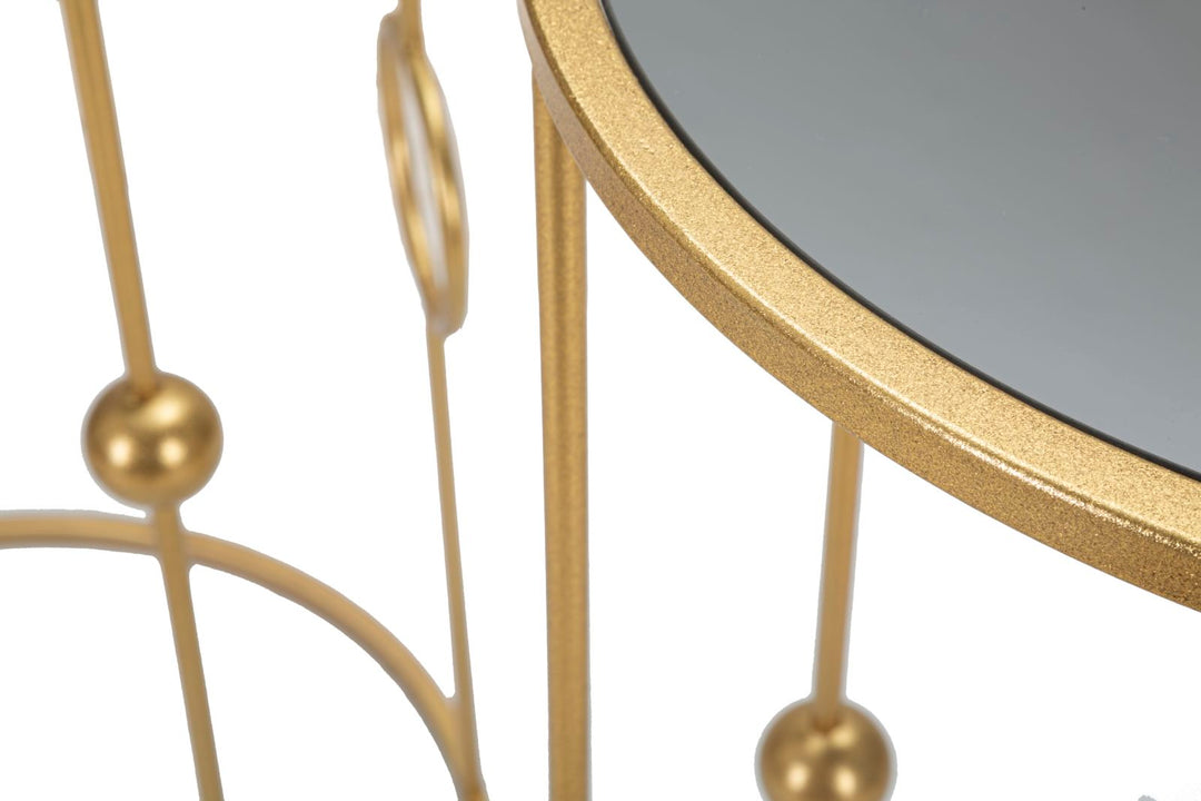 Kleiner runder Tisch aus Goldmetall und Glas mit geometrischer Dekoration Paar