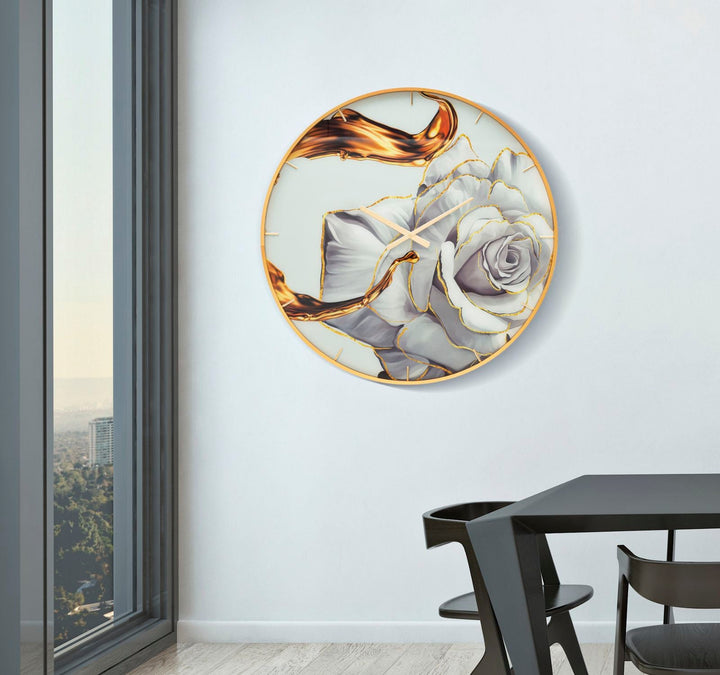 Gold und Weiß Elegante Rose Wanduhr