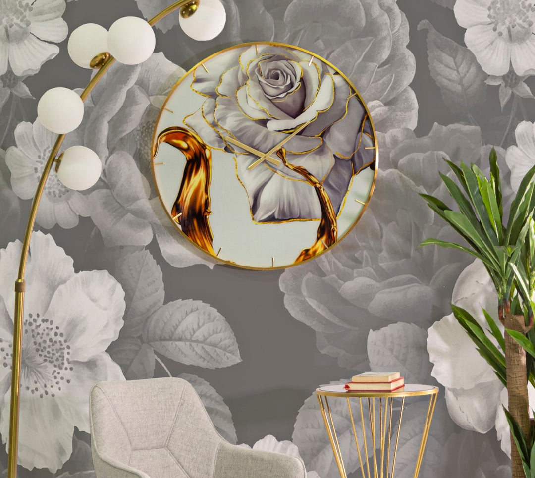 Gold und Weiß Elegante Rose Wanduhr