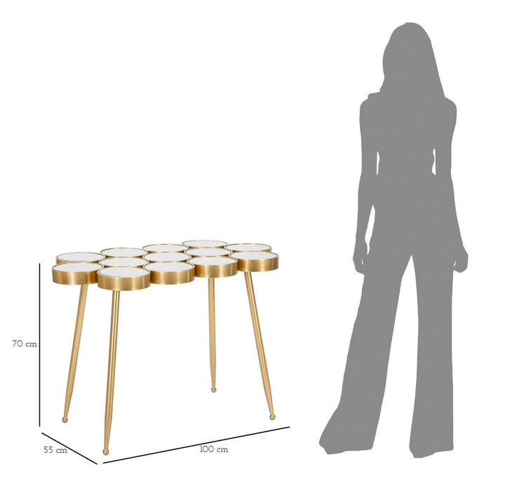 Kleiner runder geometrischer Tisch aus Goldmetall und Glas