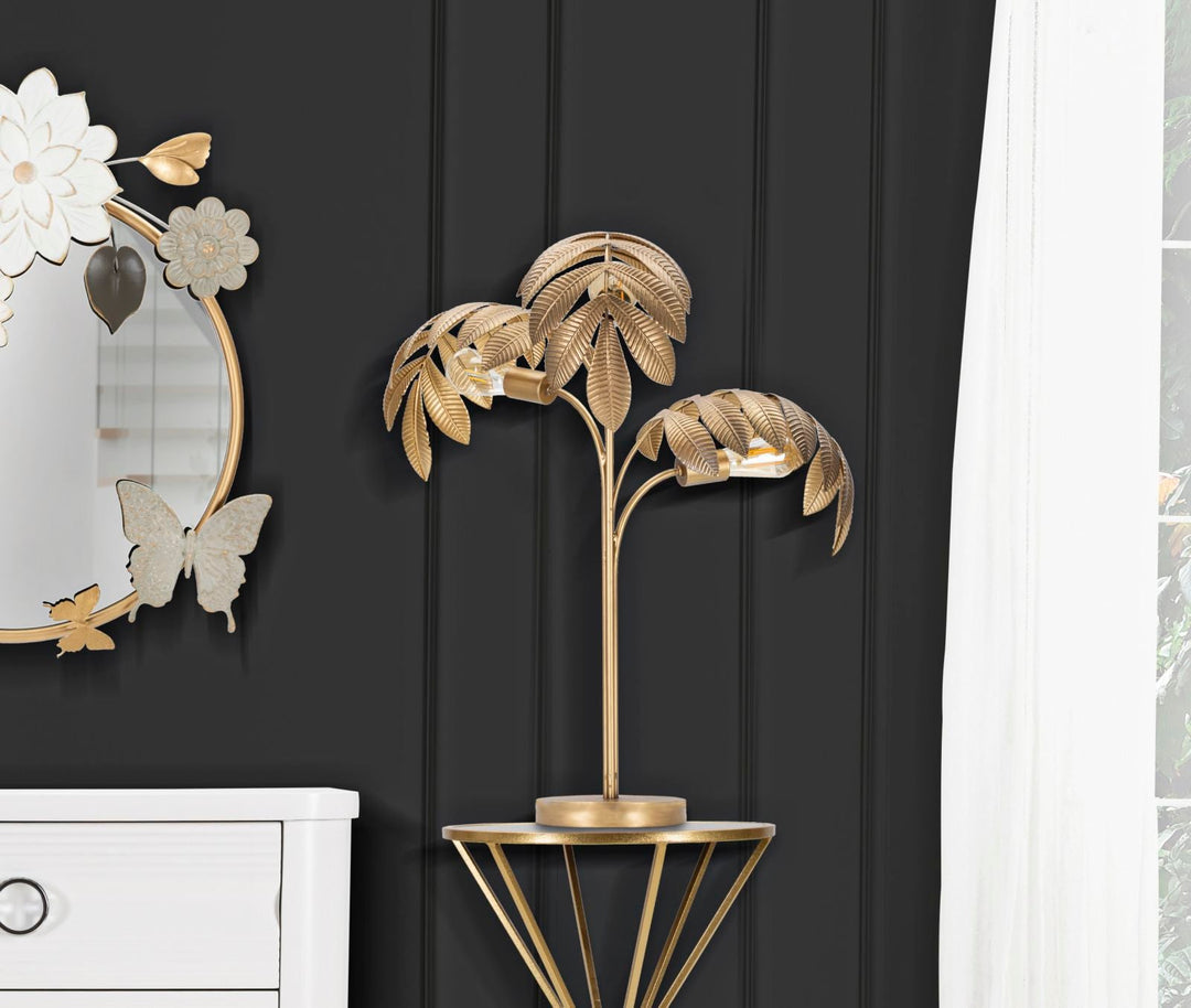 Goldene Tropical Leaf Tischlampe aus Metall mit 3 Lichtern