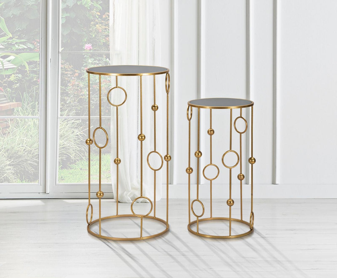 Kleiner runder Tisch aus Goldmetall und Glas mit geometrischer Dekoration Paar