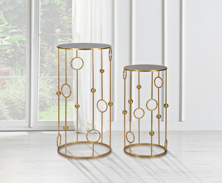 Kleiner runder Tisch aus Goldmetall und Glas mit geometrischer Dekoration Paar