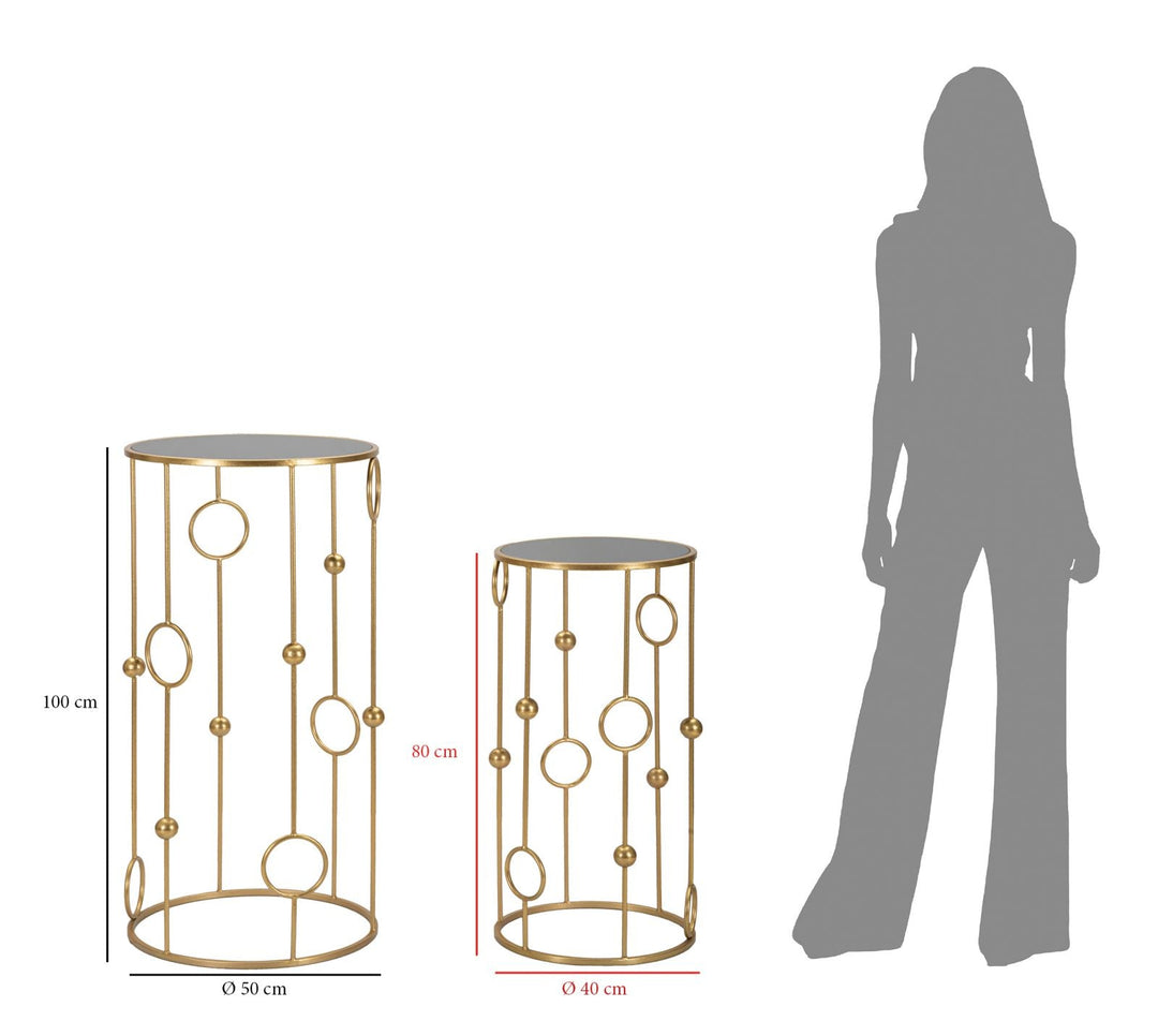 Kleiner runder Tisch aus Goldmetall und Glas mit geometrischer Dekoration Paar