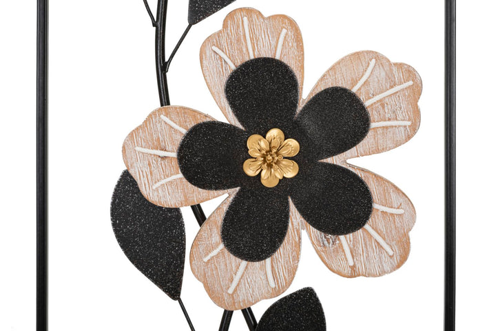 Schwarze Metall- und Holzblumen-Wanddekoration in quadratischem Rahmen
