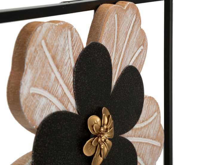 Schwarze Metall- und Holzblumen-Wanddekoration in quadratischem Rahmen