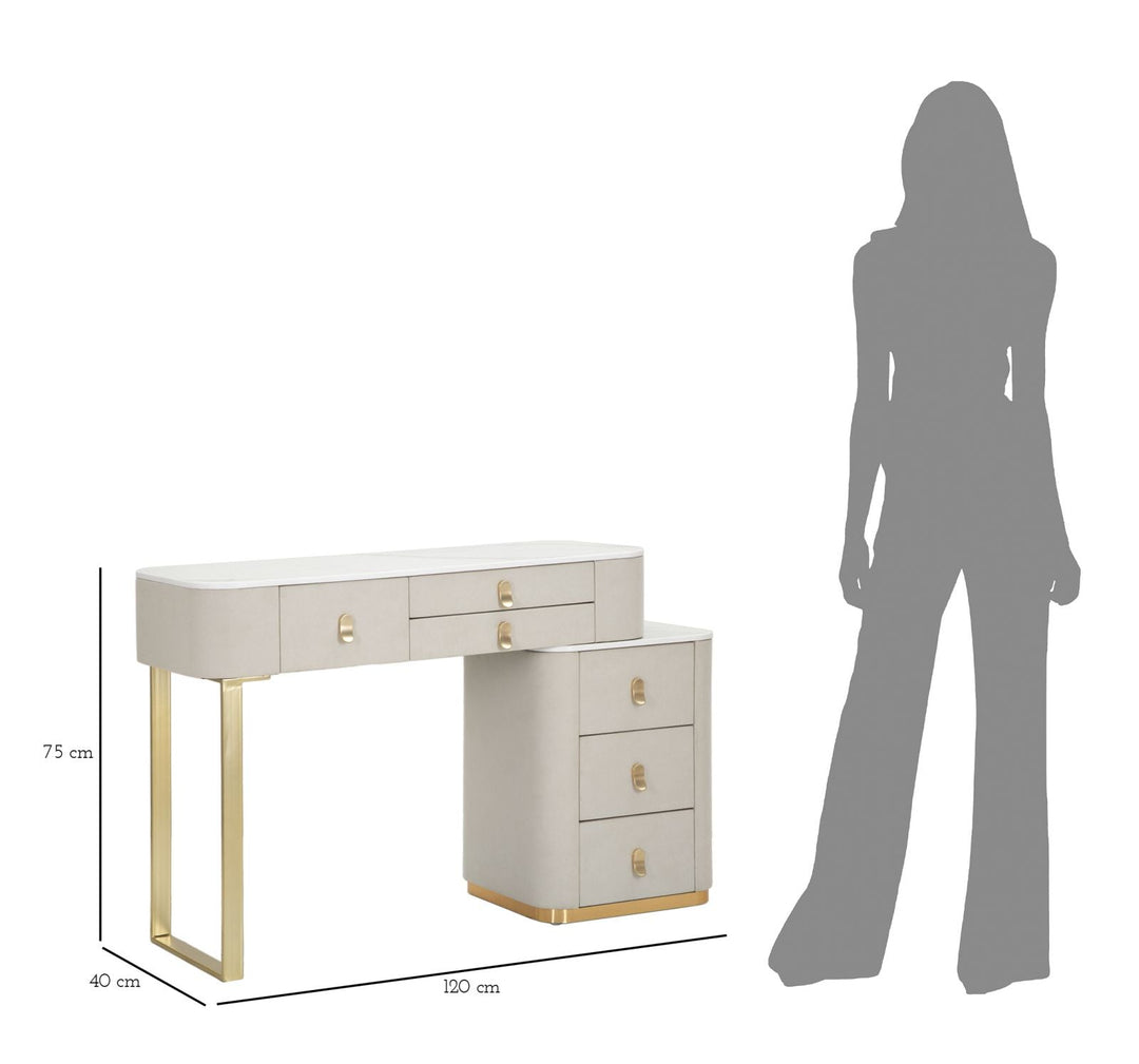 Kammtisch in Gold und Beige mit Marmorplatte und Schublade
