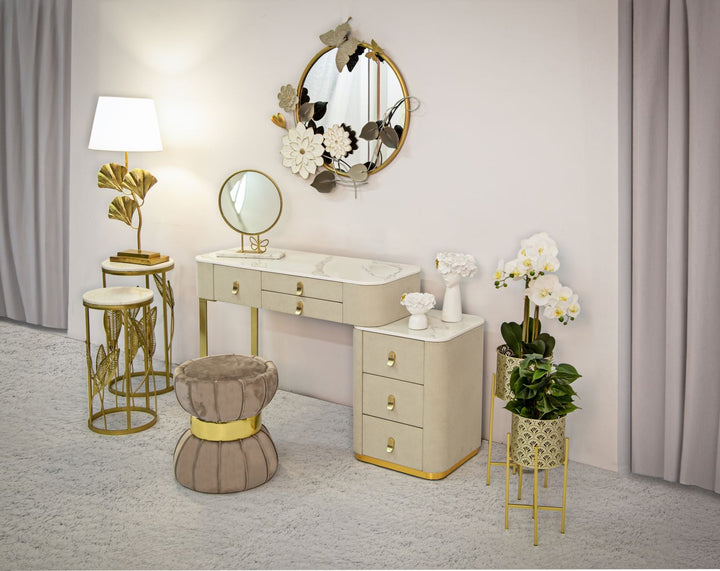 Kammtisch in Gold und Beige mit Marmorplatte und Schublade