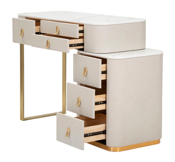 Kammtisch in Gold und Beige mit Marmorplatte und Schublade