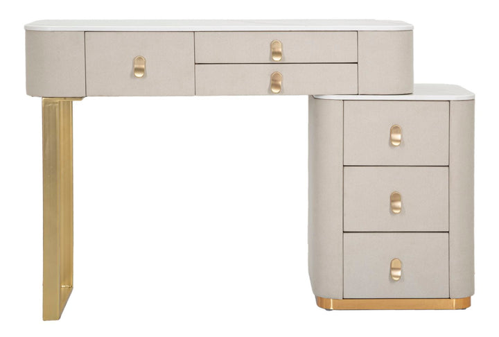Kammtisch in Gold und Beige mit Marmorplatte und Schublade