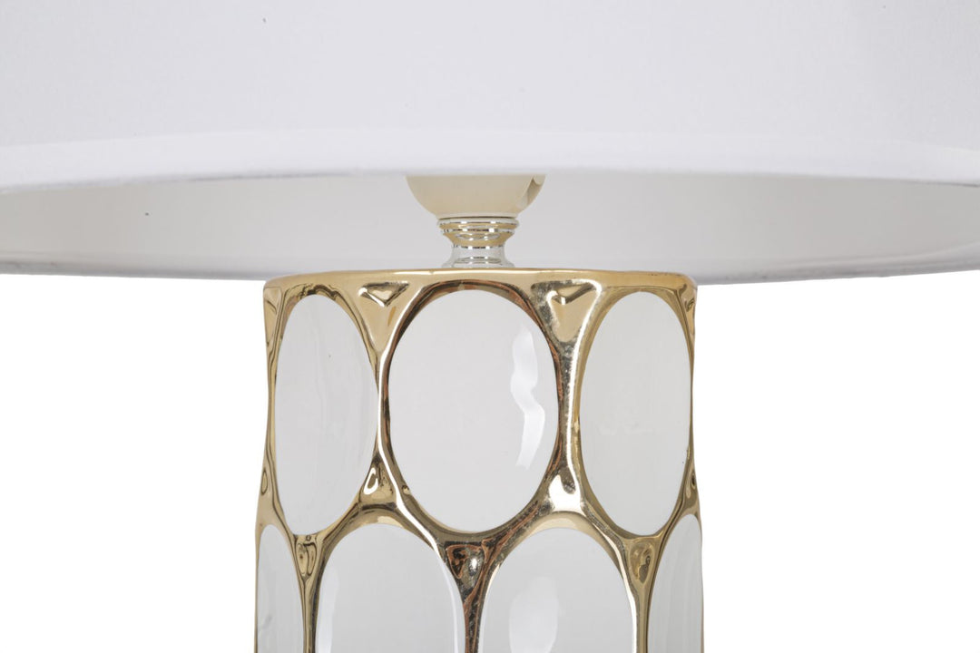 Geometrische Tischlampe aus Keramik in Gold und Weiß