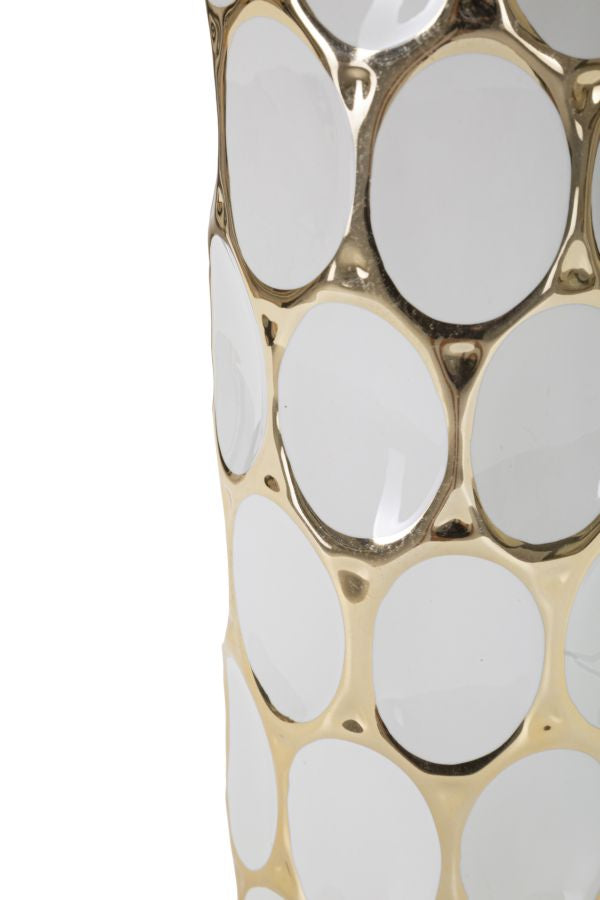 Geometrische Tischlampe aus Keramik in Gold und Weiß