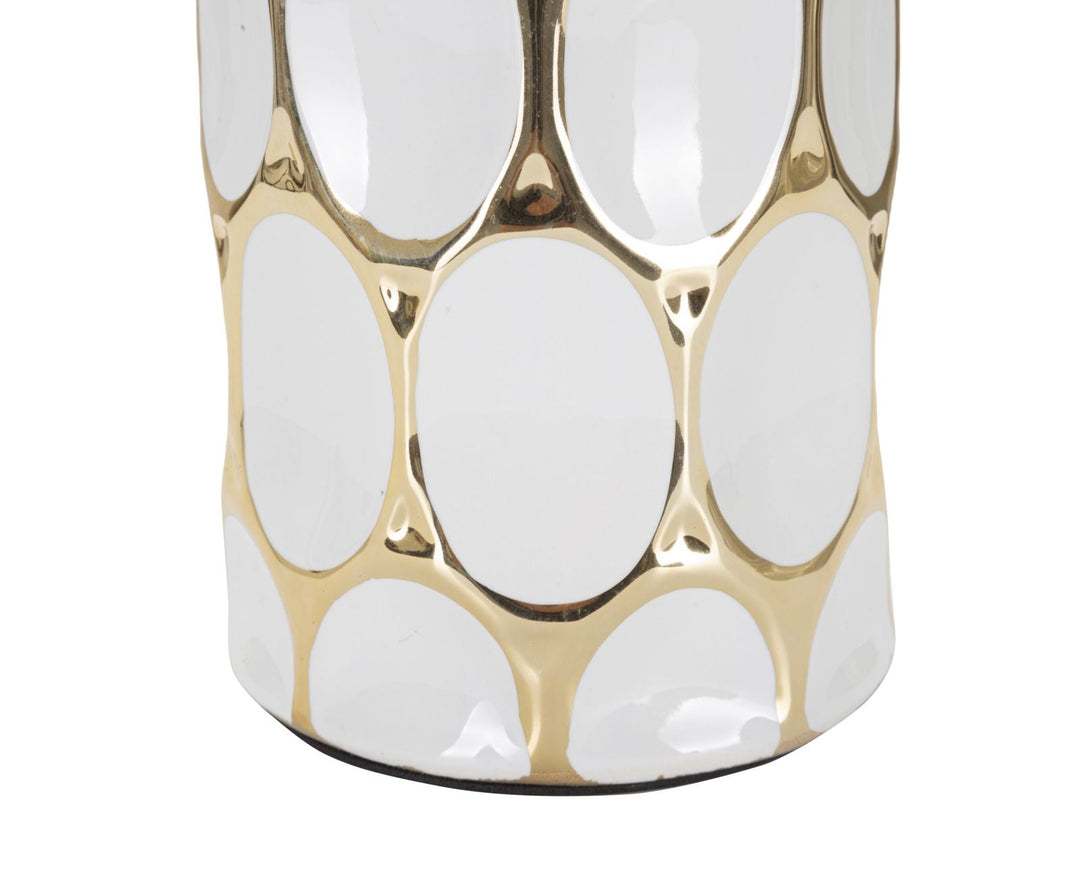 Geometrische Tischlampe aus Keramik in Gold und Weiß