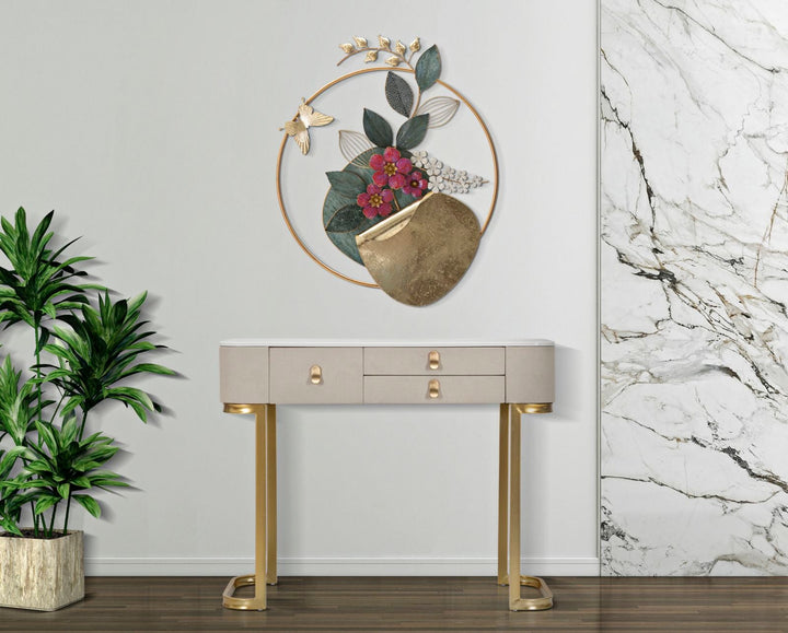 Konsolentisch mit Schublade und Marmorplatte in Gold und Beige