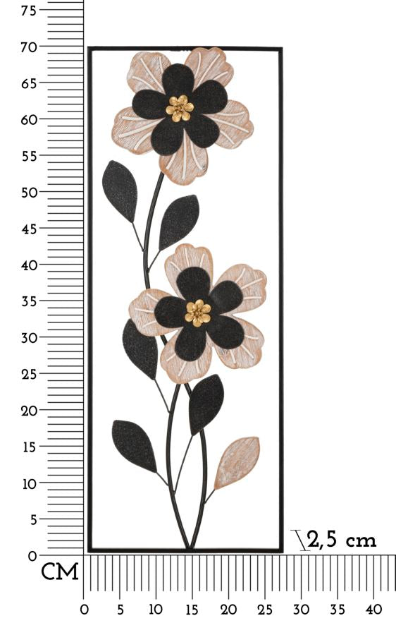 Schwarze Metall- und Holzblumen-Wanddekoration in quadratischem Rahmen