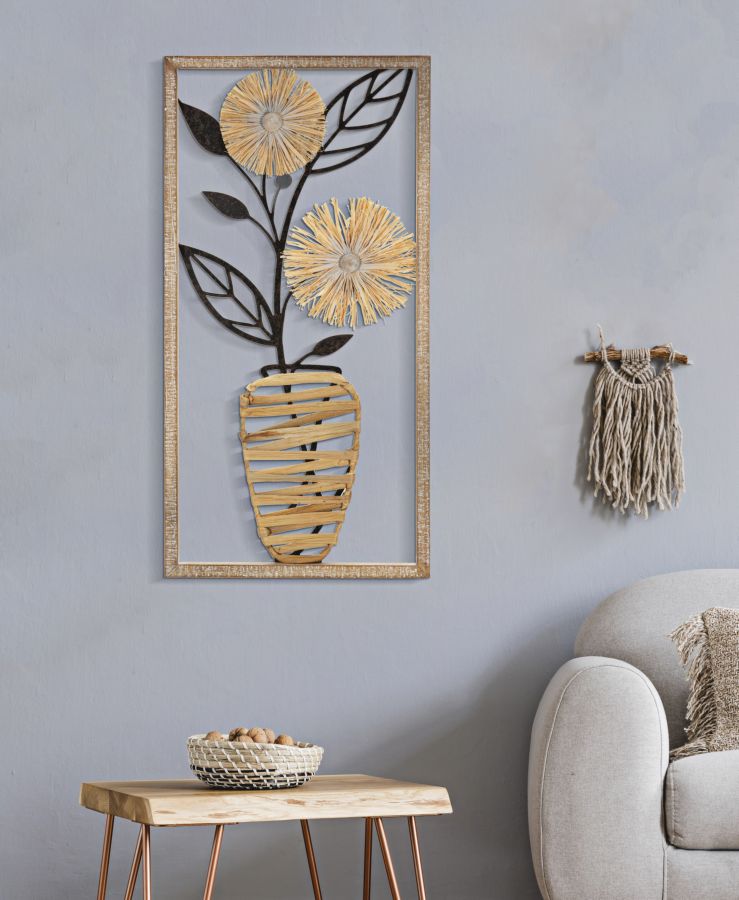 Metall und Holz Vase mit Blumen Wanddekoration im quadratischen Rahmen