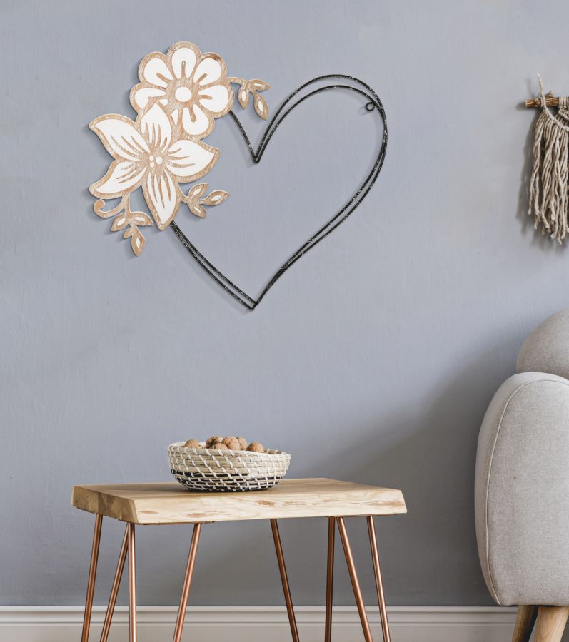 Metall und Holz Herz mit Blumen Wanddekoration